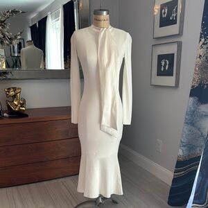 Classic Ivory Long-Sleeve Midi Dress with Neck Tie